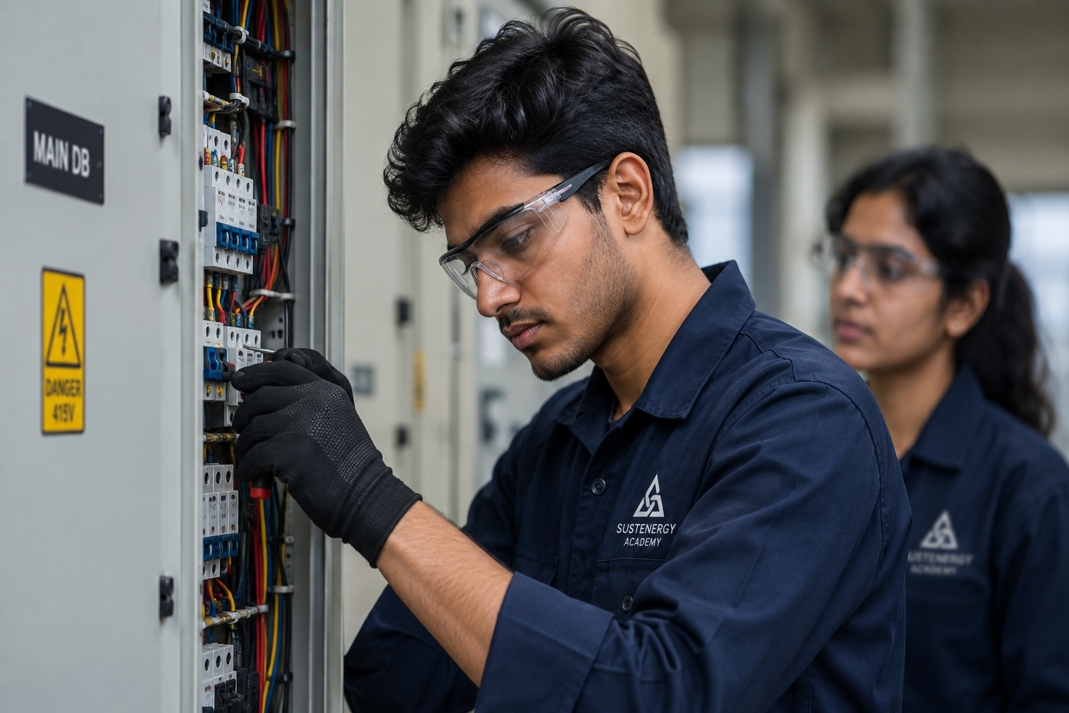 Sustenergy Academy trainees working on a main electrical distribution board